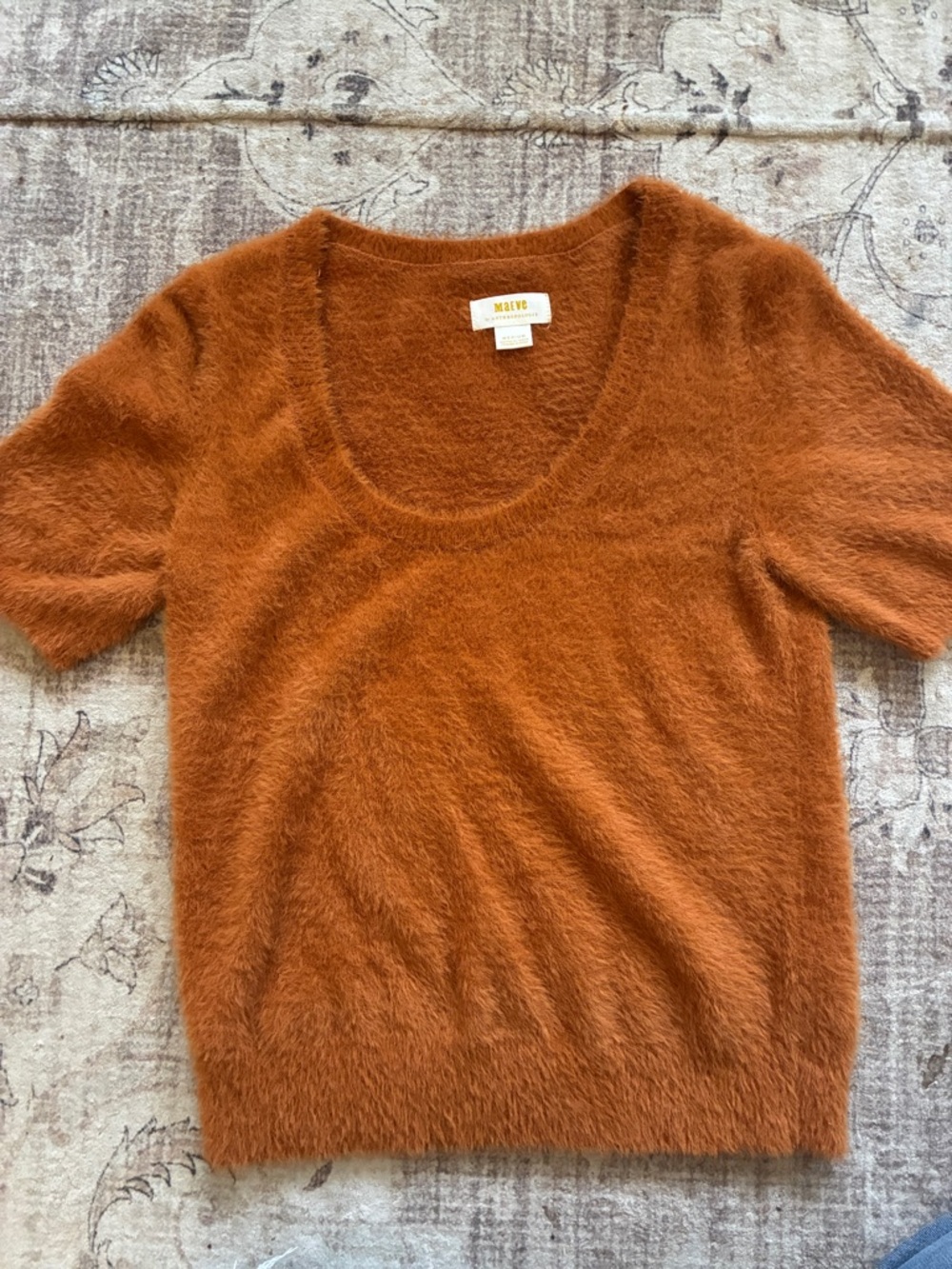 Maeve by Anthropologie Rust Orange Fuzzy Scoop-Neck Short Sleeve Sweater M soft